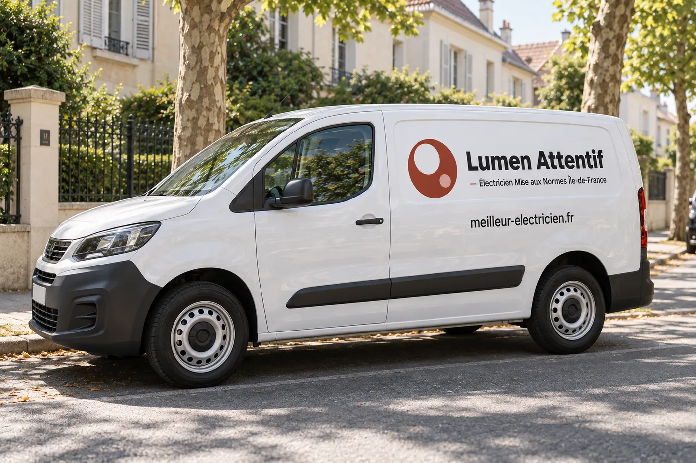 Fourgon d'intervention Lumen Attentif garé dans une rue résidentielle d'Île-de-France